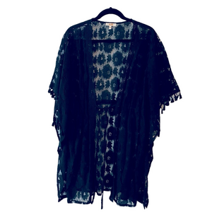 Peach Black Lace Cardigan Swimsuit Kimono Cover Up Large Waist Tie Romantic